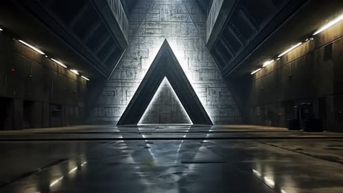 Futuristic, concrete hall with illuminated triangle