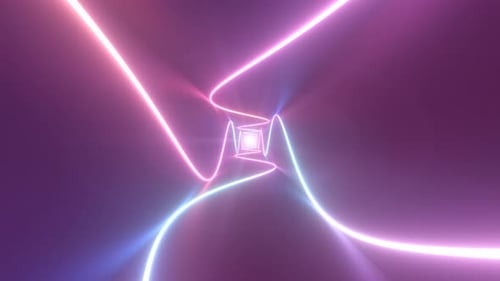 Flying Inside Square Tunnel Illuminated By Ultraviolet Glowing Neon - 4K