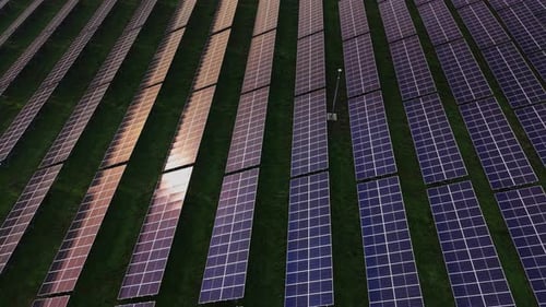 Aerial View of Solar Panels Reflecting Sunlight