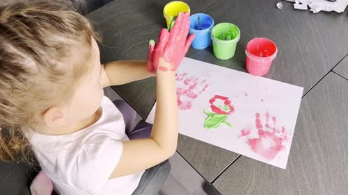 Cute Little Girl Painting with Fingers at Home Creative Games for Kids Stay at Home Entertainment