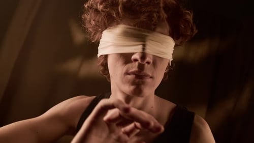 Vulnerable Blindfolded Gen Z Man Feeling Environment Putting Hands forward