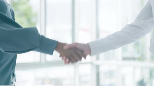 Business people, handshake and meeting for introduction, partnership or b2b deal at office