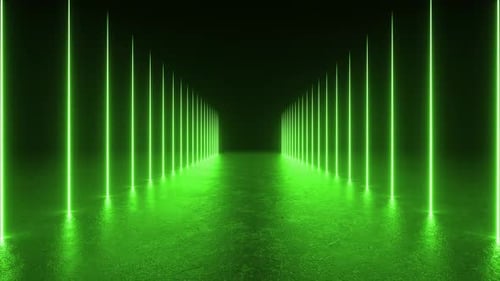 Glowing Green Light Tunnel in Dark Room