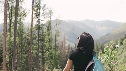 Young Brunette Woman Standing on a Peak of Rock and Looking at the Mountains Landscape