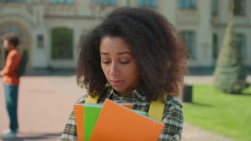 Sad Frustrated Upset African Woman Student Girl Holding Copybooks Education High School University
