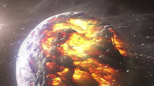 Dead planet with hot lava magma and asteroids