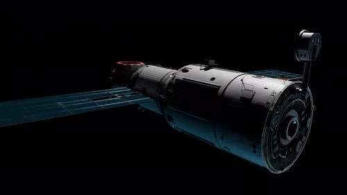 Satellit im Orbit. Ein künstlicher Satellit des Planeten Erde schwebt im Weltraum