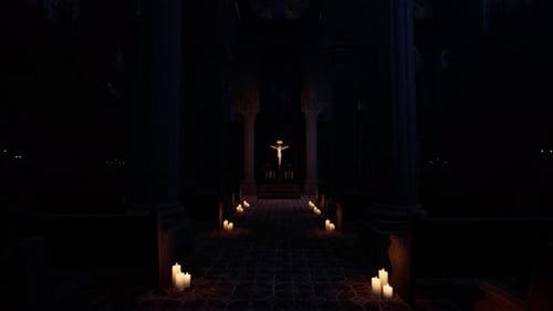 Die Kreuzigung Jesu Christi in der abendlichen Kathedrale an Karfreitag und Ostern, 3D-Animation.