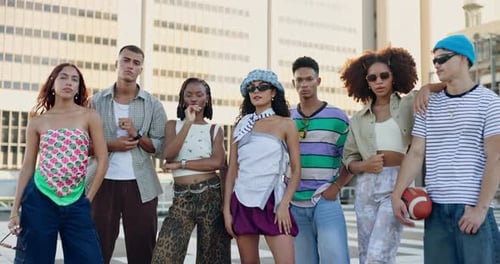 Gen z people, face and friends in city, sunglasses and diversity with style