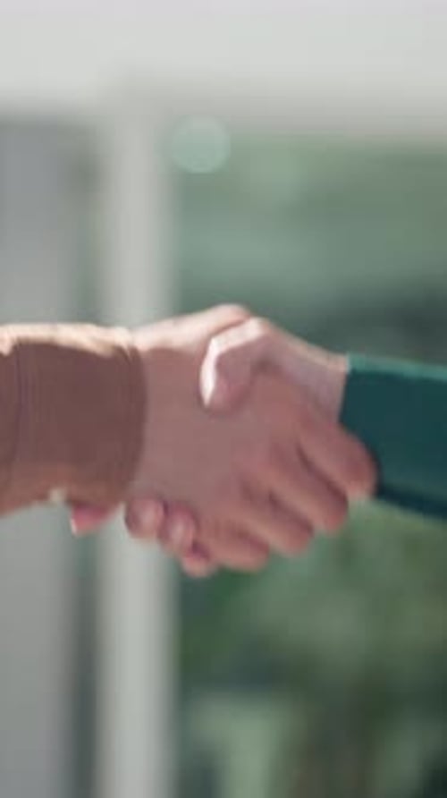 Handshake, meeting and welcome with business people in city for teamwork, deal and partnership