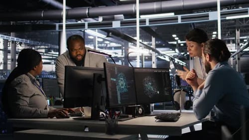 Data Team Collaborating in Futuristic Office Workplace