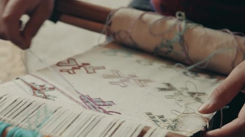 Handloom Weaver Weaves Textiles For Traditional Clothing In Guatemala, Central America - close up