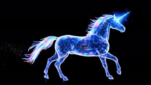Majestic glowing unicorn galloping through starry night sky