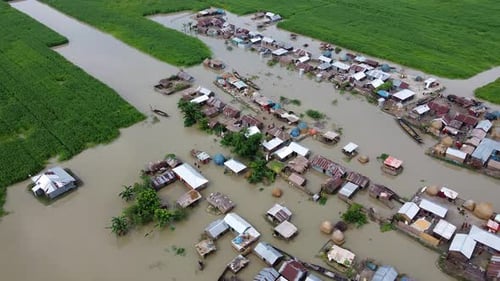 Aerial view of flooded village and fields, Bangladesh.