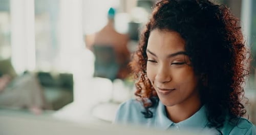 Smile, computer and research with business woman in office for web designer, planning and email