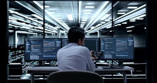 Back View Of Male Programmer Looking At Smartphone While Writing Code By Desktops In The Server Room