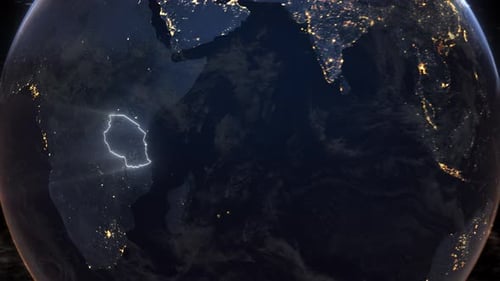 Realistic Earth Orbit and Zoom Glowing Borders Tanzania