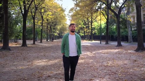 Man Walking on Tree Lined City Street in Autumn