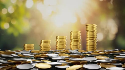 Stacked Gold Coins Forming Increasing Bar Graph on Pile of Silver Currency for Financial Success