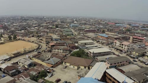 Aerial view of brown roof buildings in Ibadan the largest west african city, Nigeria.