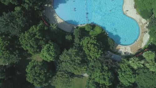 Tropisches Urlaubskonzept von oben auf das Poolwasser
