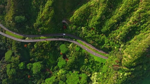 Automobiles ride by two highways crossing the green mountainous area.