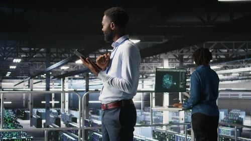 Software Developers on Data Center Industrial Platform Analyzing Performance