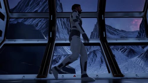Astronaut Walks In Futuristic Sci Fi Base Hallway On Icy Planet 3