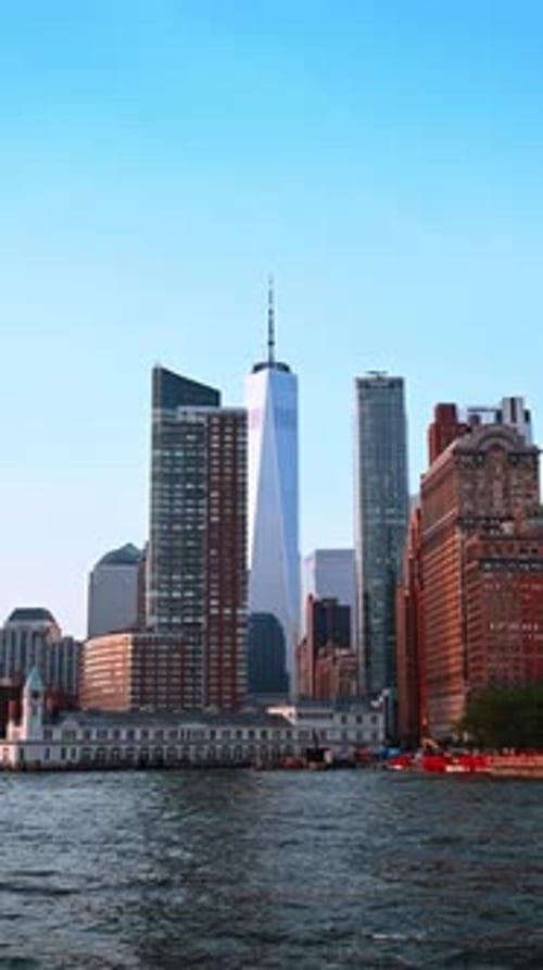 River travel around New York, USA. Low angle view at the beautiful building in the skyline