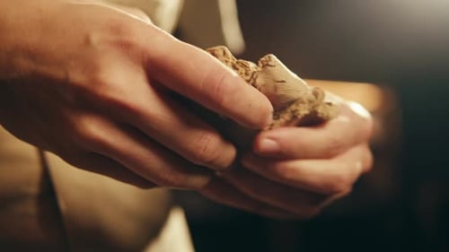 Man Potter Works with Clay on Master Class in Studio Working Process in Ceramic Workshop Potter