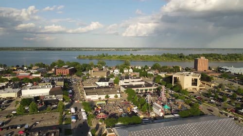 Wyandotte cityscape in Michigan with carnival in downtown, aerial drone view