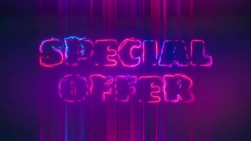 Special Offer uppercase text in colorful neon letters and lightnings. Loop 4K Background.