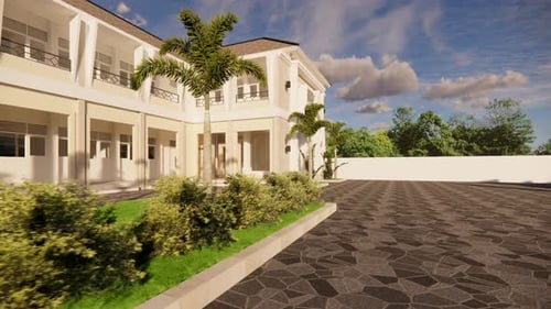 Large house with driveway and palm trees