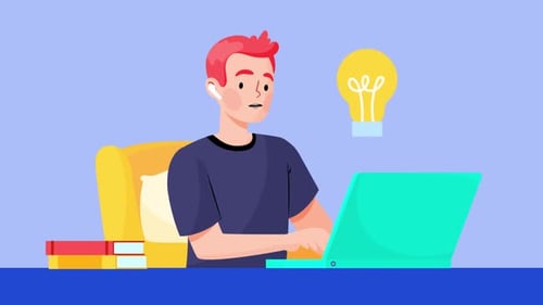 2D Flat Design Animation of a Person Working on a Laptop