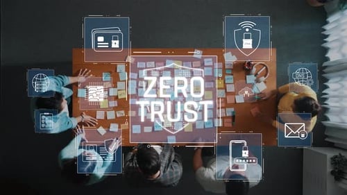 Collaborative Meeting on Zero Trust Security Framework with Digital Icons and Visual Data Representa