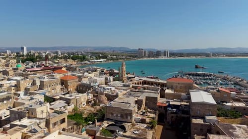 Aerial video over the old city of Acre in northern Israel
