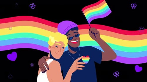 Animated Couple Celebrating Pride with Rainbow Flag