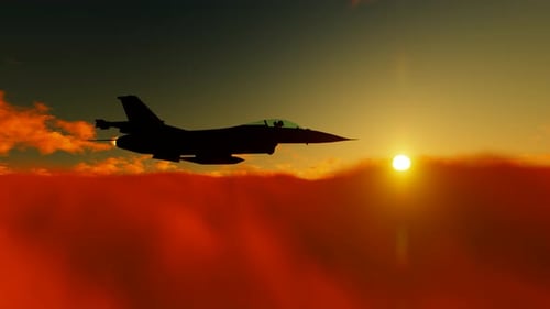 Fighter Jet Flying Above Sunset Clouds