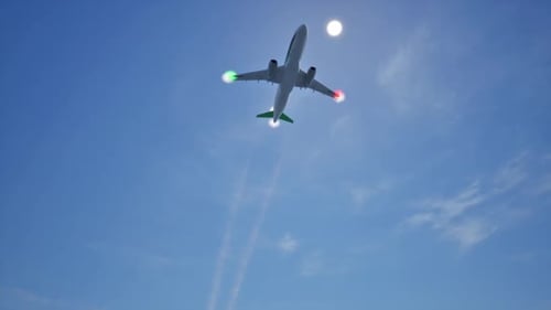 Modern Passenger Airplane Ascending in Clear Blue Sky