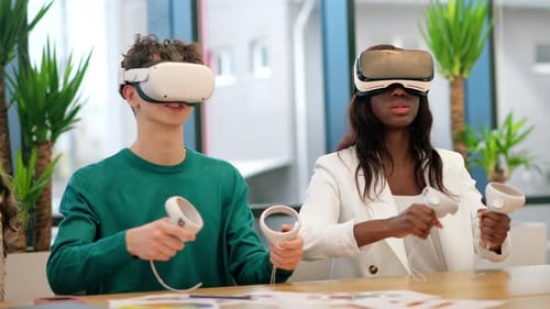 Business conference in VR in an office. Multiracial group of people talking and using VR glasses and