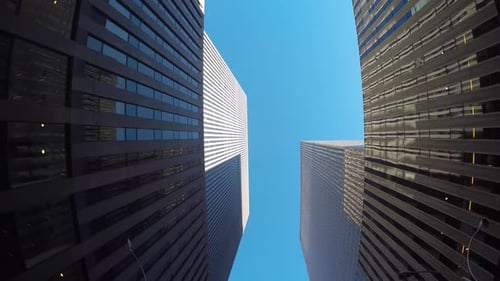 POV view of skyscraper buildings in the city. modern financial business district