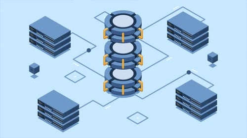 Animação isométrica de banco de dados em nuvem. Banco de dados com servidor em nuvem. Armazenamento em nuvem. Transmissão de dados