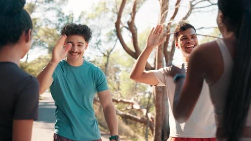 Group, high five and happy for fitness at park with cheers, applause or support for challenge