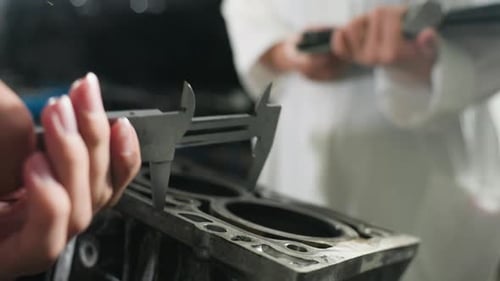 Engineer Measuring Engine Dimensions with Vernier Caliper in Workshop