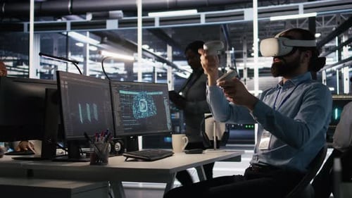Data Center Technician Using VR Headset to Monitor Neural Networks
