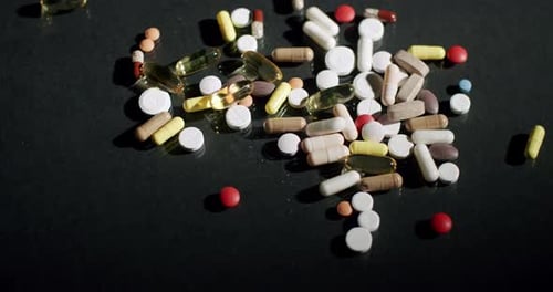 Colorful Medication Pills and Capsules Falling on a Dark Surface