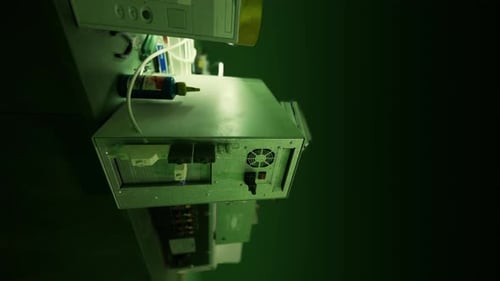 Vintage Electronic Equipment Glowing Green Light Computer Rack