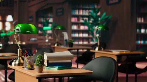 Empty Vintage Library Featuring Wooden Shelves and Classic Green Lamps