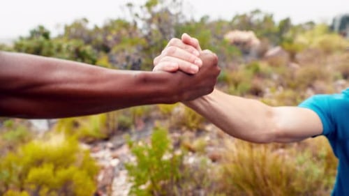 Nature, help and hands of people for fitness, hiking and exercise for adventure on mountain