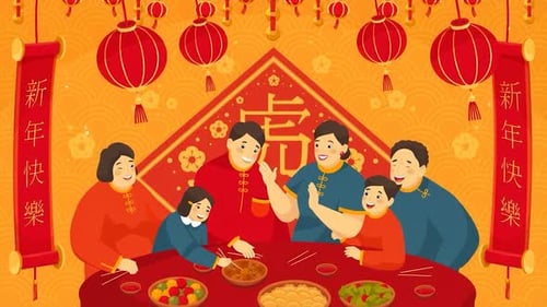 Asian Family Celebrating Chinese New Year with Traditional Food - Spring Festival Reunion